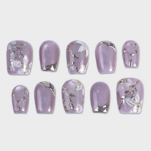 SIYOU Silver Wisteria press-on nails front view