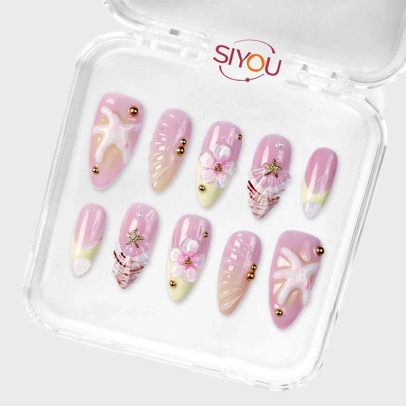 SIYOU Coral Shore press-on nails angle view