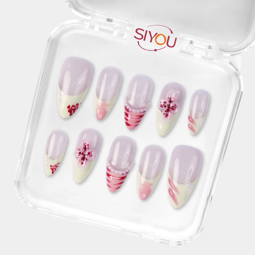 SIYOU Cherry Lace press-on nails angle view