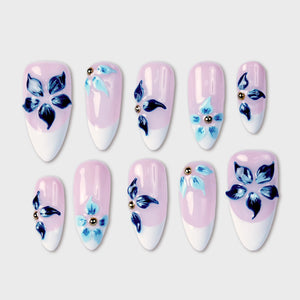 SIYOU Blue Botanica press-on nails front view