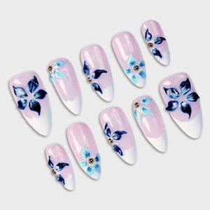 SIYOU Blue Botanica press-on nails detail view