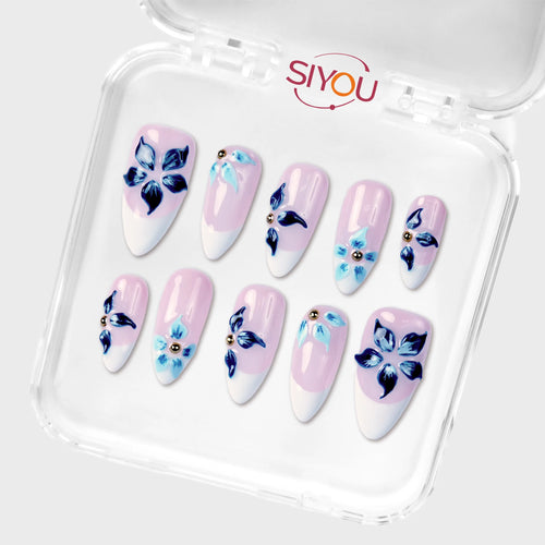SIYOU Blue Botanica press-on nails angle view