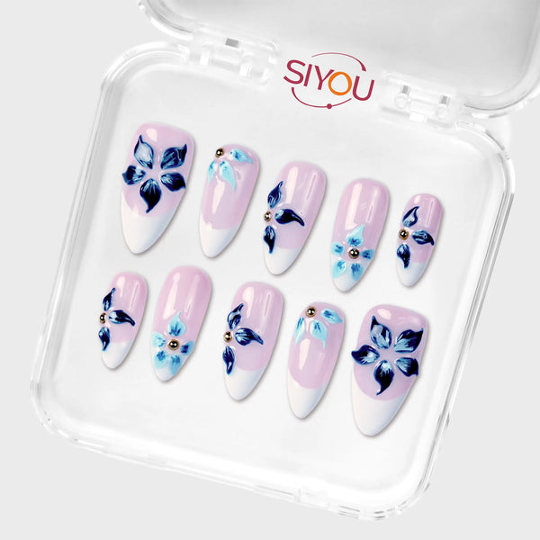 SIYOU Blue Botanica press-on nails angle view